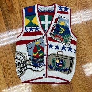 Vintage Belle Pointe Colorful Postcard Sweater Vest Chunky Cardigan